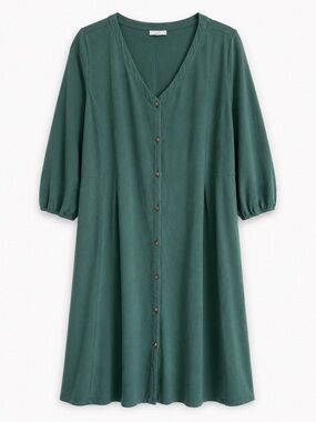 J Jill Dress Womens M Green Button Front Midi 3/4 Sleeve Tencel Cotton Stretch